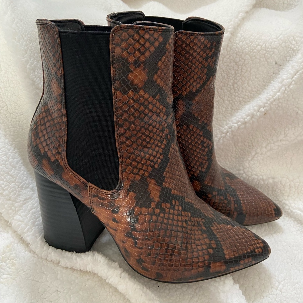 Brown snake print heeled ankle boots